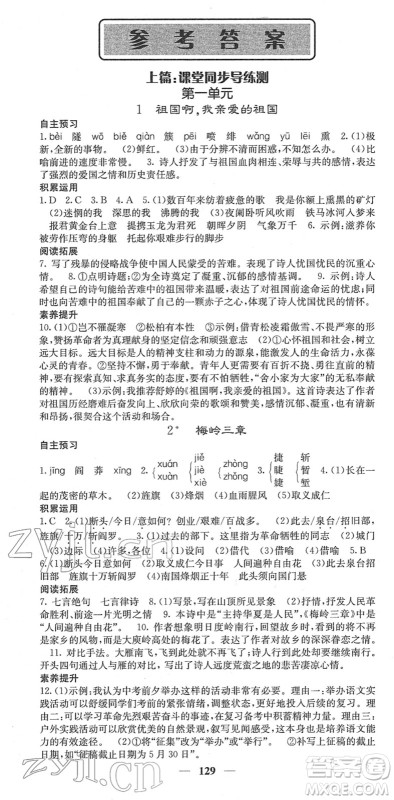 四川大学出版社2022名校课堂内外九年级语文下册RJ人教版答案