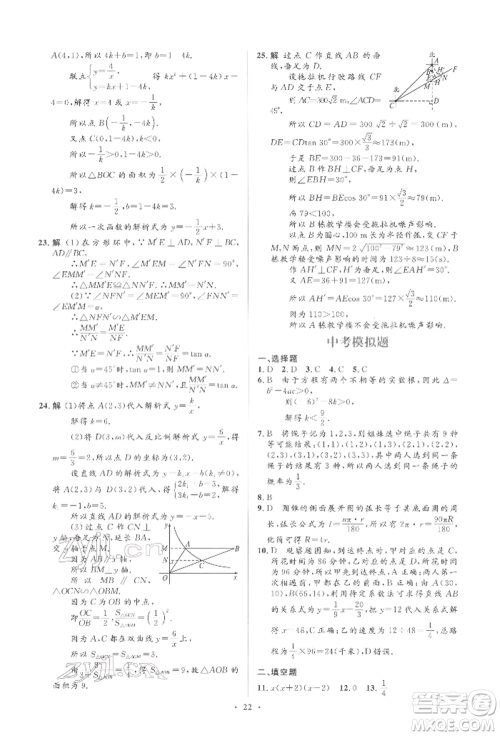 人民教育出版社2022同步解析与测评学考练九年级下册数学人教版参考答案