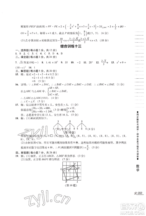 吉林出版集团股份有限公司2022同步解析与测评初中总复习指导与训练九年级数学人教版参考答案