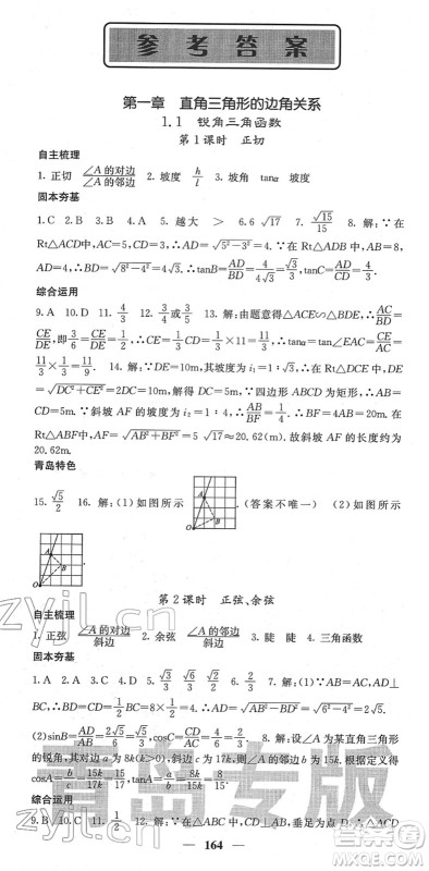 四川大学出版社2022名校课堂内外九年级数学下册BS北师版青岛专版答案