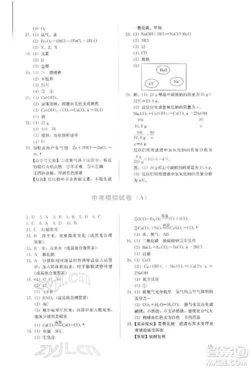 人民教育出版社2022同步解析与测评九年级下册化学人教版山西专版参考答案