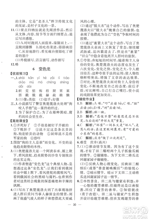 人民教育出版社2022同步解析与测评九年级下册语文人教版云南专版参考答案