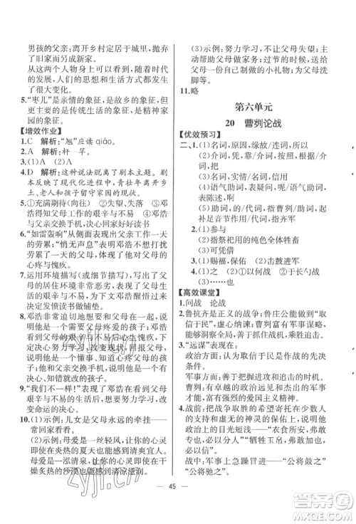 人民教育出版社2022同步解析与测评九年级下册语文人教版云南专版参考答案