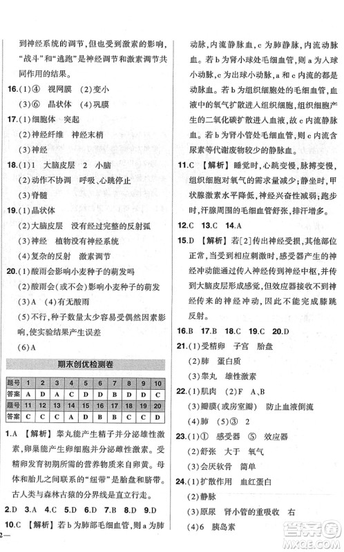 武汉出版社2022状元成才路创优作业七年级生物下册R人教版答案