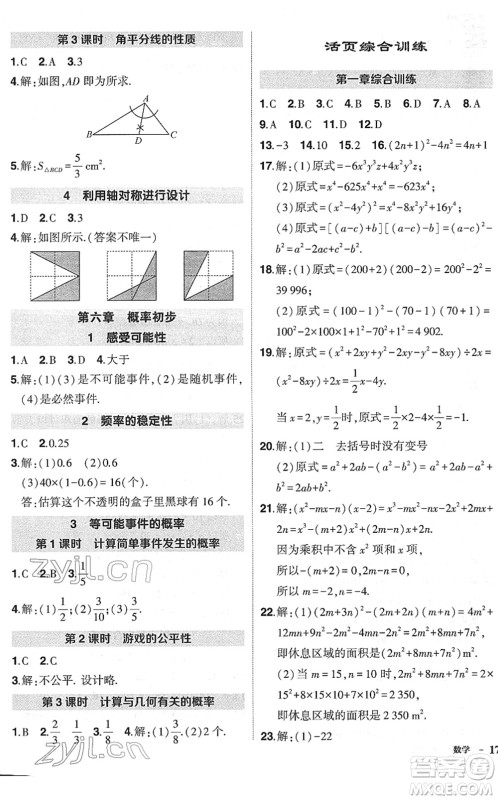 吉林教育出版社2022状元成才路创优作业七年级数学下册北师版六盘水专用答案