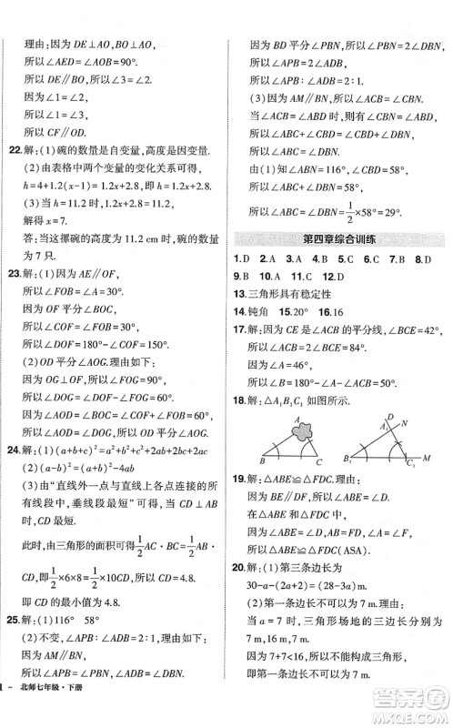 吉林教育出版社2022状元成才路创优作业七年级数学下册北师版六盘水专用答案