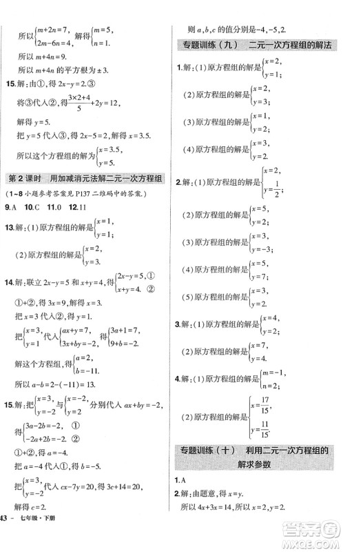 武汉出版社2022状元成才路创优作业七年级数学下册R人教版答案