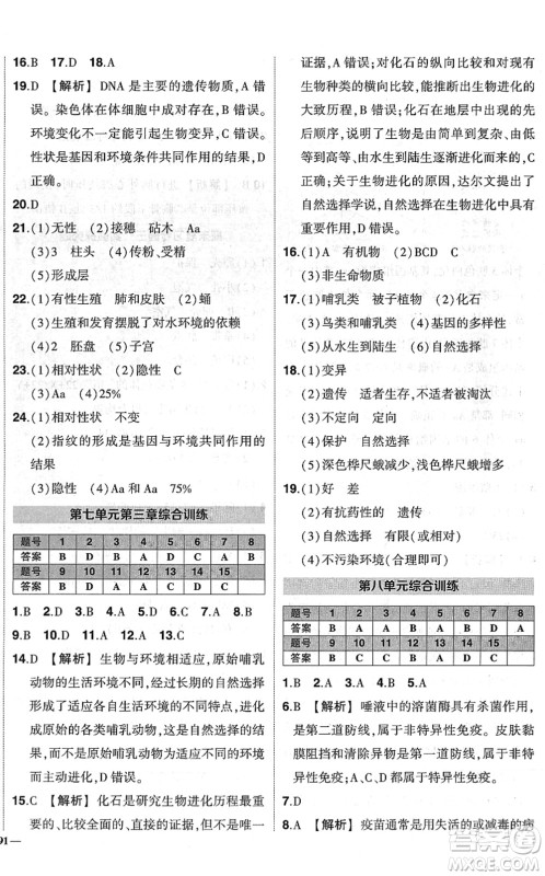 武汉出版社2022状元成才路创优作业八年级生物下册R人教版答案