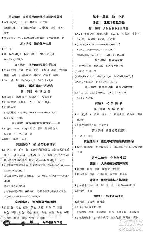 武汉出版社2022状元成才路创优作业九年级化学下册R人教版答案