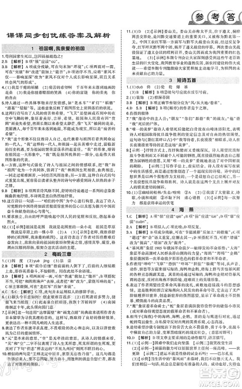 武汉出版社2022状元成才路创优作业九年级语文下册R人教版答案