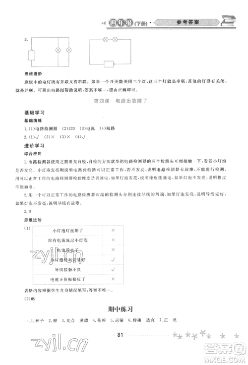 黑龙江教育出版社2022资源与评价四年级下册科学教科版参考答案 黑龙江教育出版社2022资源与评价四年级下册科学教科版参考答案