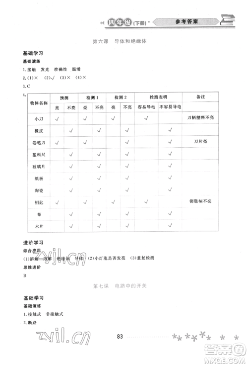 黑龙江教育出版社2022资源与评价四年级下册科学教科版参考答案