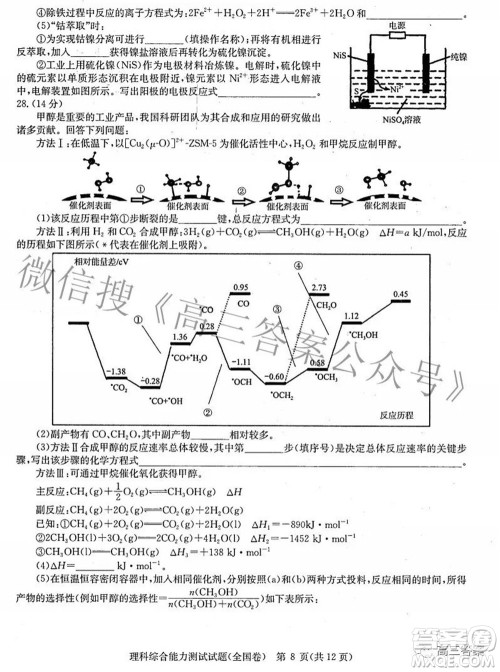 华大新高考联盟2022届高三3月教学质量测评全国卷理科综合试题及答案