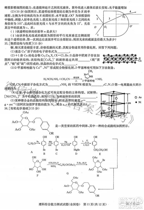 华大新高考联盟2022届高三3月教学质量测评全国卷理科综合试题及答案