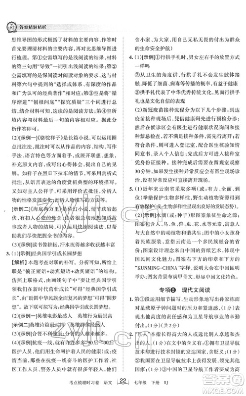 江西人民出版社2022王朝霞考点梳理时习卷七年级语文下册RJ人教版答案