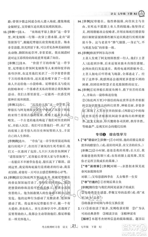 江西人民出版社2022王朝霞考点梳理时习卷七年级语文下册RJ人教版答案