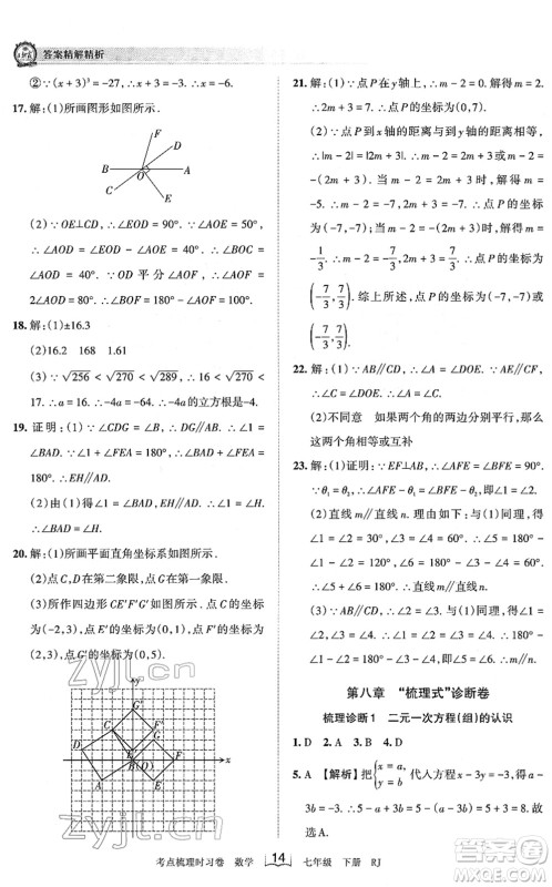 江西人民出版社2022王朝霞考点梳理时习卷七年级数学下册RJ人教版答案