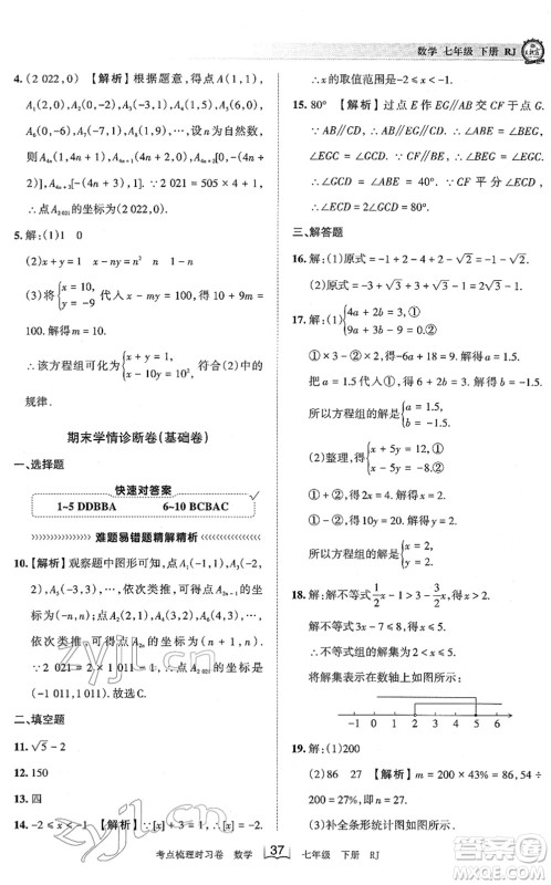 江西人民出版社2022王朝霞考点梳理时习卷七年级数学下册RJ人教版答案