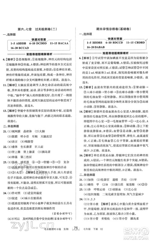 江西人民出版社2022王朝霞考点梳理时习卷七年级生物下册RJ人教版答案 江西人民出版社2022王朝霞考点梳理时习卷七年级生物下册RJ人教版答案