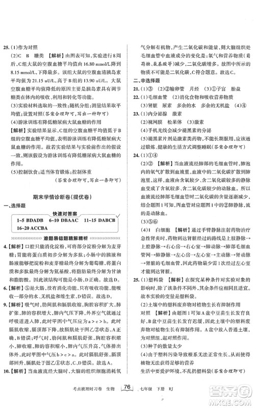 江西人民出版社2022王朝霞考点梳理时习卷七年级生物下册RJ人教版答案