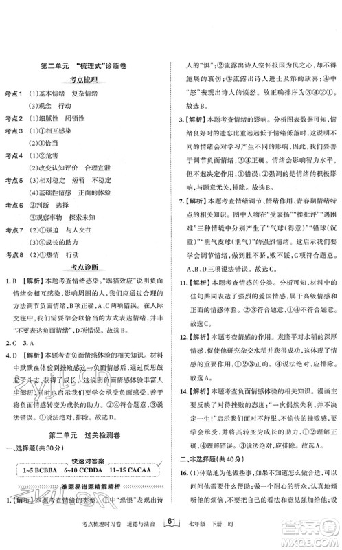 江西人民出版社2022王朝霞考点梳理时习卷七年级道德与法治下册RJ人教版答案