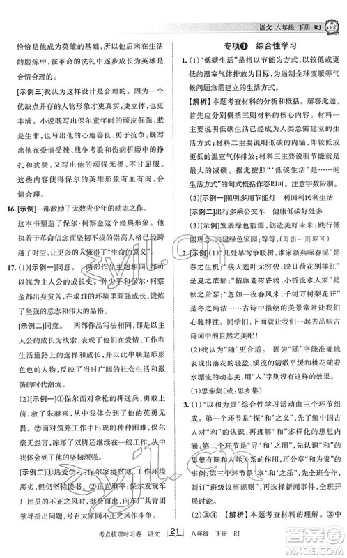 江西人民出版社2022王朝霞考点梳理时习卷八年级语文下册RJ人教版答案 江西人民出版社2022王朝霞考点梳理时习卷八年级语文下册RJ人教版答案