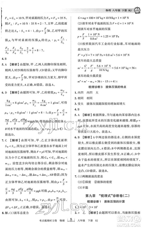 江西人民出版社2022王朝霞考点梳理时习卷八年级物理下册RJ人教版答案 江西人民出版社2022王朝霞考点梳理时习卷八年级物理下册RJ人教版答案