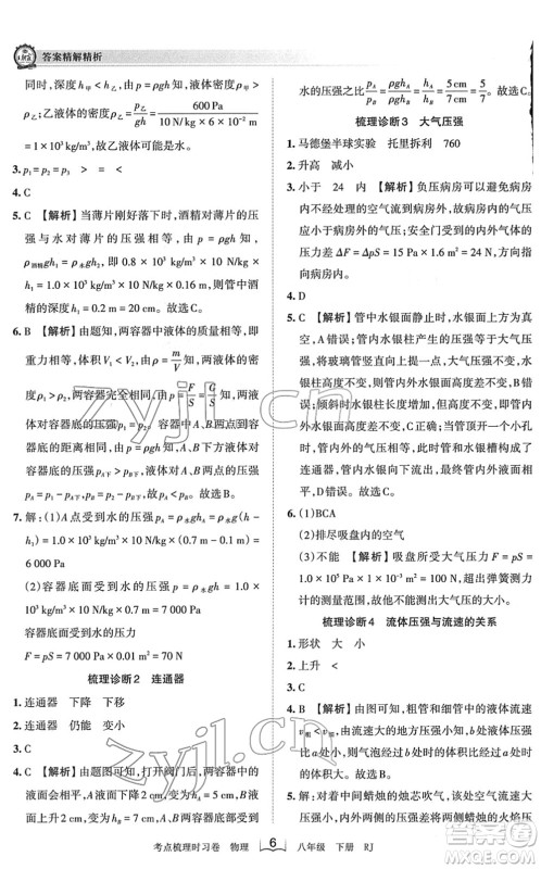江西人民出版社2022王朝霞考点梳理时习卷八年级物理下册RJ人教版答案 江西人民出版社2022王朝霞考点梳理时习卷八年级物理下册RJ人教版答案