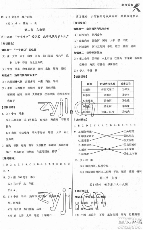 中国地图出版社2022全优点练课计划七年级地理下册RJ人教版答案