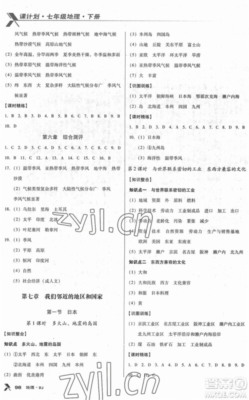 中国地图出版社2022全优点练课计划七年级地理下册RJ人教版答案 中国地图出版社2022全优点练课计划七年级地理下册RJ人教版答案