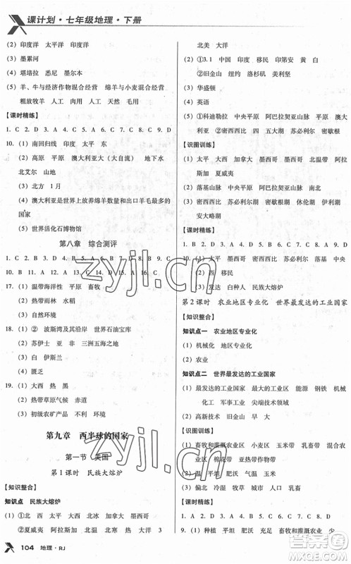 中国地图出版社2022全优点练课计划七年级地理下册RJ人教版答案 中国地图出版社2022全优点练课计划七年级地理下册RJ人教版答案