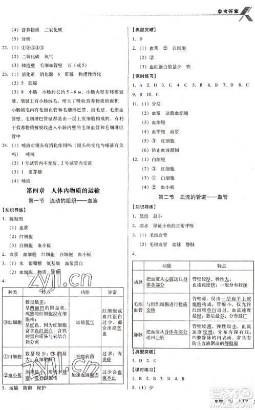 广东经济出版社2022全优点练课计划七年级生物下册RJ人教版答案