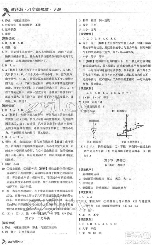 广东经济出版社2022全优点练课计划八年级物理下册RJ人教版答案