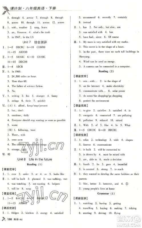 广东经济出版社2022全优点练课计划八年级英语下册NJ牛津版答案