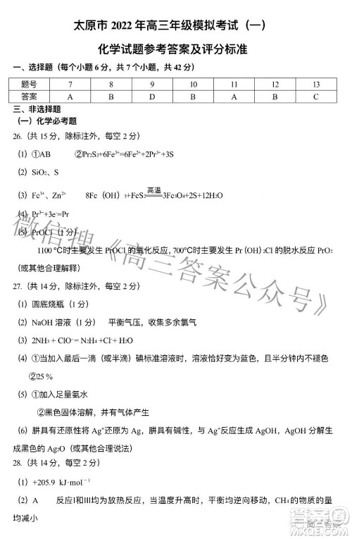 太原市2022年高三年级模拟考试一理科综合试题及答案 太原市2022年高三年级模拟考试一理科综合试题及答案