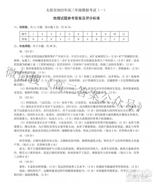 太原市2022年高三年级模拟考试一文科综合试题及答案 太原市2022年高三年级模拟考试一文科综合试题及答案