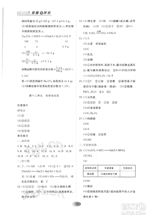 黑龙江教育出版社2022资源与评价九年级下册化学人教版参考答案