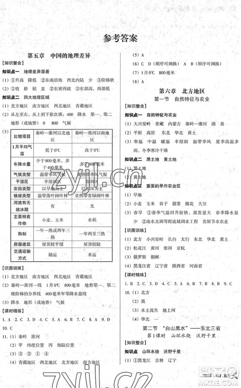 中国地图出版社2022全优点练课计划八年级地理下册RJ人教版答案