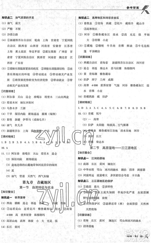 中国地图出版社2022全优点练课计划八年级地理下册RJ人教版答案