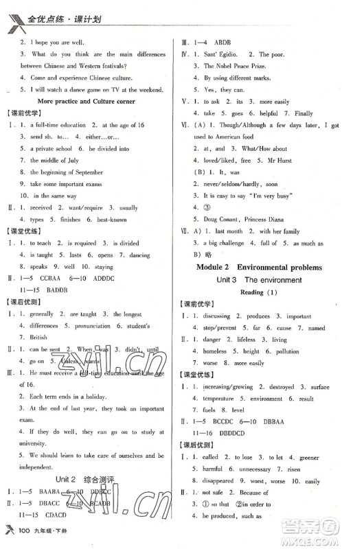 辽海出版社2022全优点练课计划九年级英语下册NJ牛津版答案