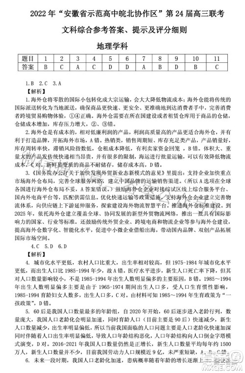 2022年安徽省示范高中皖北协作区第24届高三联考文科综合答案 2022年安徽省示范高中皖北协作区第24届高三联考文科综合答案