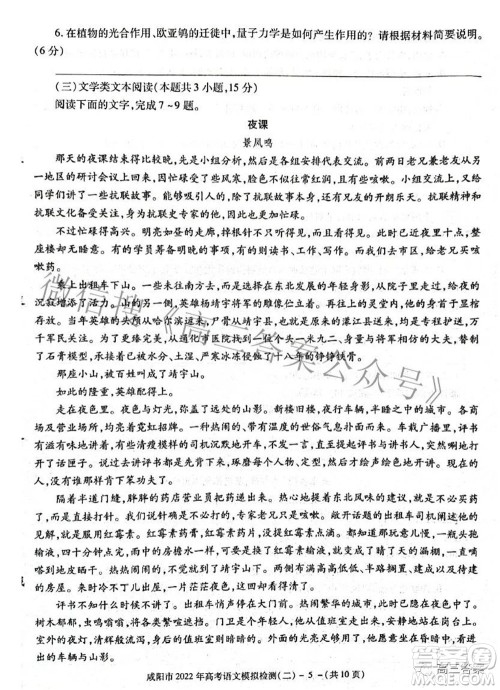 咸阳市2022年高考模拟检测二语文试题及答案 咸阳市2022年高考模拟检测二语文试题及答案