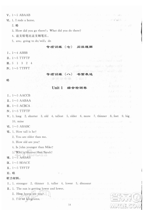 人民教育出版社2022同步轻松练习英语六年级下册人教版答案