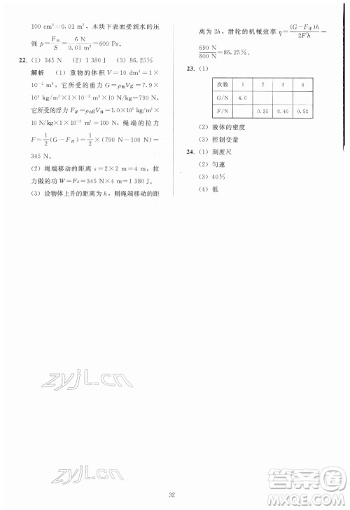 人民教育出版社2022同步轻松练习物理八年级下册人教版答案