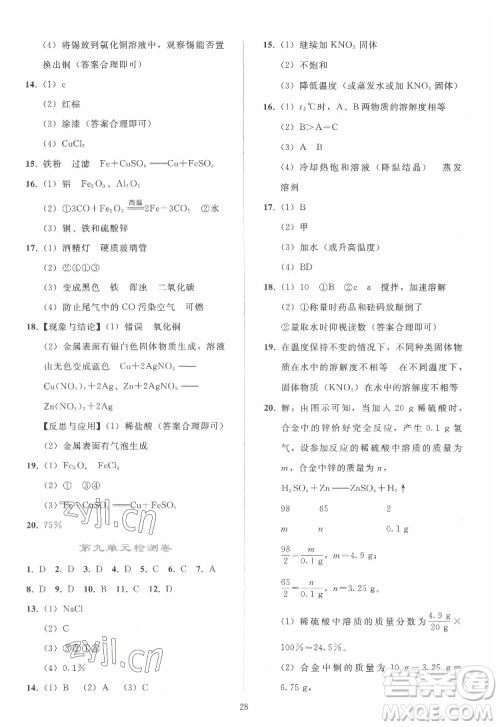 人民教育出版社2022同步轻松练习化学九年级下册人教版答案