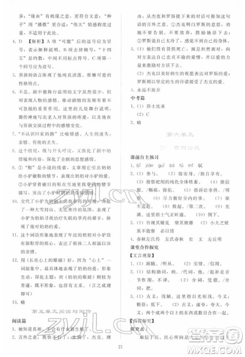 人民教育出版社2022同步轻松练习语文九年级下册人教版答案 人民教育出版社2022同步轻松练习语文九年级下册人教版答案
