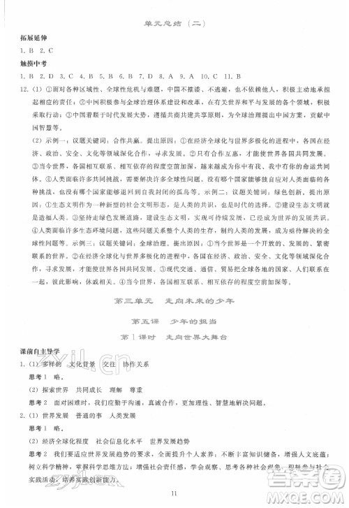 人民教育出版社2022同步轻松练习道德与法治九年级下册人教版答案