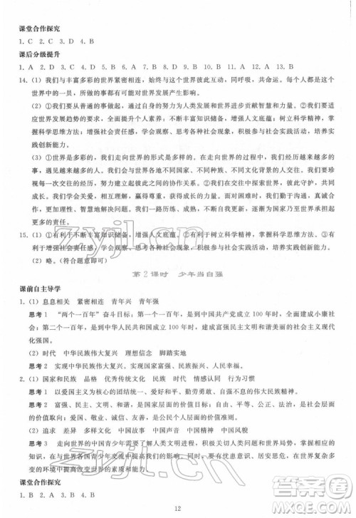 人民教育出版社2022同步轻松练习道德与法治九年级下册人教版答案