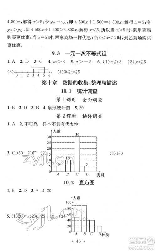 江西教育出版社2022名师测控七年级数学下册RJ人教版答案