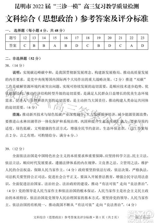 昆明市2022届三诊一模高三复习质量检测文科综合试题及答案 昆明市2022届三诊一模高三复习质量检测文科综合试题及答案